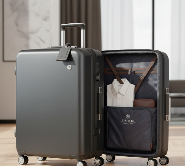 suitcase's smooth-rolling wheels and efficient design. It implies quick, easy travel.